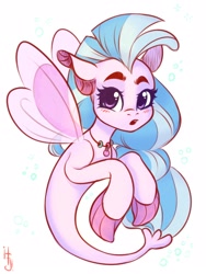 Size: 1200x1600 | Tagged: safe, artist:falafeljake, imported from derpibooru, silverstream, seapony (g4), blue mane, blushing, bubble, clothes, eyebrows, eyelashes, female, fin wings, fins, fish tail, flowing mane, flowing tail, jewelry, looking at you, necklace, open mouth, purple eyes, see-through, signature, simple background, solo, swimming, tail, underwater, water, white background, wings