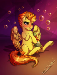 Size: 3000x4000 | Tagged: safe, artist:lupiarts, imported from derpibooru, spitfire, pegasus, pony, alcohol, applejack daniel's, artwork, belly button, blushing, bubble, cute, digital art, drawing, drunk, female, sitting, solo, tipsy, whiskey