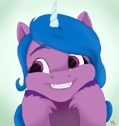 Size: 965x1027 | Tagged: safe, artist:palettenight, imported from derpibooru, izzy moonbow, bat pony, pony, unicorn, cheeks, fangs, g5, hooves, looking at each other, looking at someone, looking at you, smiling, smiling at you, solo