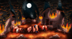 Size: 1023x558 | Tagged: safe, artist:alccarion, imported from derpibooru, oc, oc only, earth pony, pony, 2012, burning, concept art, fire, game, loading screen, male, moon, night, old art, ponycraft, scared, solo, stallion