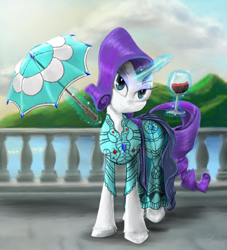 Size: 2600x2859 | Tagged: safe, artist:chopsticks, imported from derpibooru, rarity, pony, unicorn, alcohol, balcony, clothes, cloud, diamond, dress, embroidery, female, gem, glass, glowing, glowing horn, horn, looking at you, magic, outdoors, smiling, solo, telekinesis, umbrella, wine, wine glass