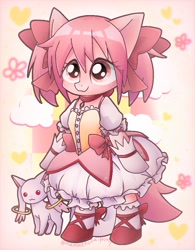 Size: 798x1024 | Tagged: safe, artist:namaenonaipony, imported from derpibooru, earth pony, semi-anthro, bow, clothes, cloud, cute, dress, duo, eye clipping through hair, female, hair bow, heart, incubator (species), kyubey, madoka kaname, magical girl, mare, ponified, puella magi madoka magica, shoes