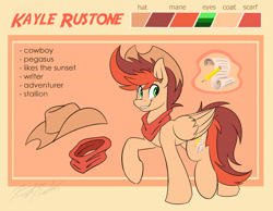 Size: 3800x2944 | Tagged: safe, artist:kaylerustone, imported from derpibooru, oc, oc only, oc:kayle rustone, pegasus, pony, bandana, cutie mark, looking at you, male, reference sheet, smiling, solo, stallion, wings