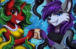 Size: 4015x2640 | Tagged: safe, artist:pridark, imported from derpibooru, oc, oc only, anthro, monster pony, octopony, original species, unicorn, bubble, furry, furry oc, jewelry, necklace, ocean, pearl necklace, smiling, underwater, water