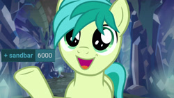 Size: 3413x1920 | Tagged: safe, edit, edited screencap, editor:itsmgh1203, imported from derpibooru, screencap, sandbar, earth pony, pony, derpibooru, season 8, what lies beneath, spoiler:s08, 6000, adorable face, cute, male, meta, open mouth, open smile, sandabetes, smiling, solo, stallion, tags, text, wide eyes