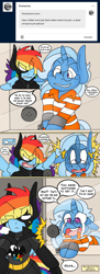 Size: 1470x4026 | Tagged: safe, artist:blackbewhite2k7, imported from derpibooru, rainbow dash, trixie, pegasus, pony, unicorn, ask, batman, batmare, bipedal, clothes, comic, crossover, crying, dc comics, emanata, parody, prison outfit, prisoner, the batman, the batman (2022), the riddler, vulgar