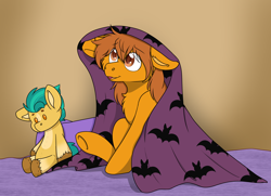 Size: 4040x2928 | Tagged: safe, artist:rokosmith26, imported from derpibooru, hitch trailblazer, oc, oc:zip circuit, earth pony, pony, blanket, cheek fluff, chest fluff, commission, earth pony oc, floppy ears, g5, looking up, male, plushie, pony plushie, sitting, smiling, solo, stallion, underhoof, ych result