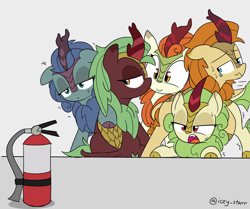 Size: 3000x2509 | Tagged: safe, artist:icey, imported from derpibooru, autumn afternoon, autumn blaze, cinder glow, spring glow, summer flare, oc, oc:nova glow, kirin, adorable distress, behaving like a cat, cute, female, fire extinguisher, lidded eyes, male, nervous, open mouth, scared, scrunchy face, shaking, simple background, sitting, smiling, sweat, teary eyes, unamused, varying degrees of want, white background