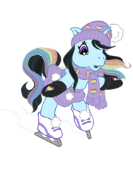 Size: 600x800 | Tagged: safe, artist:vernorexia, imported from derpibooru, oc, oc:glacierine, pony, unicorn, art trade, bipedal, black hair, clothes, g3, hat, ice skating, mittens, multicolored hair, payment, pom pom, rainbow hair, scarf, shoes, simple background, skating, skirt, solo, transparent background, winter outfit