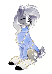 Size: 790x1128 | Tagged: safe, artist:lambydwight, imported from derpibooru, oc, oc only, oc:silverlining, deer, deer pony, original species, clothes, cute, deer oc, eyes closed, ocbetes, simple background, sitting, solo, string lights, white background