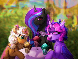 Size: 2910x2217 | Tagged: safe, artist:riukime, imported from derpibooru, oc, oc only, oc:cinnamon music, oc:donut daydream, alicorn, bat pony, bat pony alicorn, hybrid, pony, unicorn, alicorn oc, bat wings, horn, wings