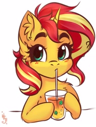 Size: 1200x1600 | Tagged: safe, artist:falafeljake, imported from derpibooru, sunset shimmer, pony, unicorn, equestria girls, blushing, bushy brows, cute, drinking, drinking straw, ear fluff, female, mare, shimmerbetes, simple background, solo, thick eyebrows, white background