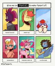 Size: 1976x2360 | Tagged: safe, artist:saturdaymorningproj, imported from derpibooru, bright mac, pinkie pie, somnambula, tempest shadow, twist, oc, oc:flutter rose, alicorn, earth pony, pegasus, pony, unicorn, six fanarts, alicornified, egyptian, egyptian headdress, egyptian pony, pinkiecorn, race swap, xk-class end-of-the-world scenario