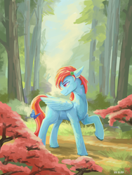 Size: 2100x2800 | Tagged: safe, artist:月下枫林, imported from derpibooru, oc, oc only, butterfly, pegasus, pony, flower, forest, male, solo, walking