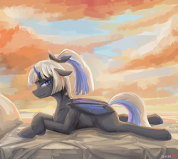 Size: 2800x2500 | Tagged: safe, artist:月下枫林, imported from derpibooru, oc, oc only, bat pony, bed, female, looking at you, lying down, sunset