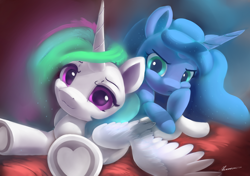 Size: 5400x3800 | Tagged: safe, artist:auroriia, imported from derpibooru, princess celestia, princess luna, alicorn, pony, absurd resolution, cute, cutelestia, ethereal mane, frog (hoof), heart, hoof heart, hooves, looking at you, lunabetes, royal sisters, s1 luna, siblings, sisters, underhoof