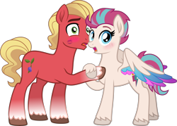 Size: 5602x4000 | Tagged: safe, artist:limedazzle, imported from derpibooru, sprout cloverleaf, zipp storm, earth pony, pegasus, pony, about to kiss, absurd resolution, blushing, caught, coat markings, colored wings, commission, duo, duo male and female, female, g4, g5, g5 to g4, generation leap, graveyard of comments, holding hooves, hooves, kiss mark, lipstick, looking at someone, male, mare, multicolored wings, my little pony: a new generation, open mouth, partially open wings, shipping, show accurate, simple background, socks (coat markings), spread wings, stallion, standing, straight, surprised, transparent background, unshorn fetlocks, wings, zippsprout