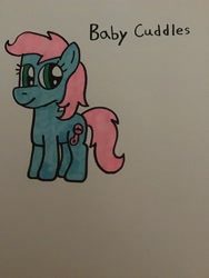 Size: 2448x3264 | Tagged: safe, artist:maddiedraws5678, imported from derpibooru, baby cuddles, earth pony, pony, baby, baby cuddles being a tomboy, baby pony, blue coat, cuddlebetes, cute, female, filly, foal, full body, g1, g1 to g4, g4, generation leap, hooves, pink hair, pink mane, pink tail, simple background, smiling, solo, standing, tail, teal eyes, tomboy, traditional art, white background