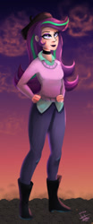 Size: 546x1310 | Tagged: safe, artist:scarlett-letter, imported from derpibooru, starlight glimmer, human, beatnik, beret, clothes, female, hat, humanized, looking up, redraw, smiling, solo, sweater