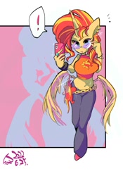 Size: 1400x2000 | Tagged: safe, artist:sozglitch, imported from derpibooru, sunset shimmer, alicorn, anthro, alicornified, belly button, belly piercing, bellyring, bracelet, breasts, busty sunset shimmer, butt wings, ear piercing, earring, exclamation point, glasses, jewelry, midriff, piercing, race swap, selfie, shimmercorn, solo, wings