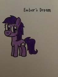 Size: 2448x3264 | Tagged: safe, artist:maddiedraws5678, imported from derpibooru, ember (g1), earth pony, pony, baby, baby pony, cute, ember's dream, female, filly, foal, full body, g1, g1 emberbetes, g1 to g4, g4, generation leap, hooves, purple coat, purple eyes, purple hair, purple mane, purple tail, simple background, solo, standing, tail, traditional art, white background