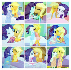 Size: 777x772 | Tagged: safe, imported from derpibooru, applejack, rarity, human, equestria girls, ai content, ai generated, bare shoulders, bed, clothes, female, generator:craiyon, hat, hatless, holding hands, kissing, lesbian, machine learning abomination, missing accessory, rarijack, shipping, wat