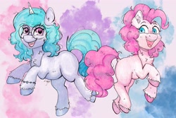 Size: 4096x2732 | Tagged: safe, artist:lightisanasshole, imported from derpibooru, izzy moonbow, pinkie pie, earth pony, pony, unicorn, abstract background, bracelet, colored hooves, cute, dock, duo, duo female, ear fluff, female, g5, glasses, hoof fluff, izzybetes, jewelry, looking at you, looking back, open mouth, raised hoof, smiling, tail, traditional art, watercolor painting