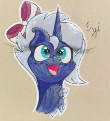 Size: 1492x1636 | Tagged: safe, artist:engi, imported from derpibooru, oc, oc only, oc:midnight ink, pony, unicorn, bow, chest fluff, female, freckles, hair bow, happy, open mouth, outline, poggers, simple background, solo, traditional art, watercolor painting, white outline