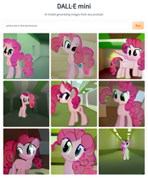 Size: 768x924 | Tagged: safe, imported from derpibooru, pinkie pie, earth pony, pony, ai content, ai generated, caption, generator:craiyon, image macro, machine learning abomination, prompter:thegamerpainter, solo, text, the backrooms, what has science done