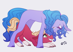 Size: 1256x901 | Tagged: source needed, safe, artist:eggoatt, imported from derpibooru, izzy moonbow, sprout cloverleaf, earth pony, pony, unicorn, base used, cute, female, g5, happy, height difference, izzy is tol, izzysprout, larger female, looking at each other, looking at someone, male, mare, misleading thumbnail, not what it looks like, open mouth, open smile, shipping, size comparison, size difference, smiling, stallion, straight