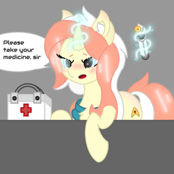 Size: 1080x1080 | Tagged: safe, artist:sodapop sprays, imported from derpibooru, oc, oc only, oc:sugarspoon, pony, unicorn, blue eyes, blushing, clothes, combadge, concerned, digital art, doctor, ear blush, ear fluff, emh, eye, eyes, female, food, hypospray, magic, magic aura, mane, mare, medkit, nose blush, orange, scarf, solo, speech bubble, spread wings, star trek, tail, talking to viewer, telekinesis, white, wings, worried