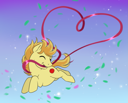 Size: 1321x1069 | Tagged: safe, artist:thechris, imported from derpibooru, braeburn, earth pony, pony, commission, heart, jumping, looking at you, love, ribbon, smiling, smiling at you, solo, two toned mane, your character here