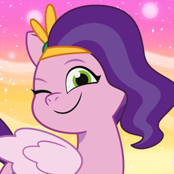 Size: 800x800 | Tagged: safe, imported from derpibooru, screencap, pipp petals, pegasus, pony, abstract background, adorapipp, cropped, cute, female, g5, headband, icon, mare, my little pony: tell your tale, official, one eye closed, smiling, solo, wink, youtube