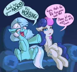 Size: 4000x3696 | Tagged: safe, artist:witchtaunter, imported from derpibooru, bon bon, lyra heartstrings, sweetie drops, earth pony, pony, unicorn, annoyed, bon bon is not amused, chest fluff, comic, couch, duo, duo female, ear fluff, faic, female, it's morbin time, l.u.l.s., laughing, morbius, pointing, shoulder fluff, simple background, sitting, speech bubble, unamused, underhoof, vulgar, yelling