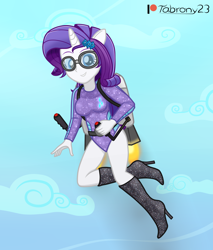 Size: 1516x1779 | Tagged: safe, artist:tabrony23, imported from derpibooru, rarity, human, equestria girls, boots, clothes, commission, female, glasses, horn, jetpack, leotard, looking at you, patreon, patreon logo, ponied up, shoes, smiling, solo