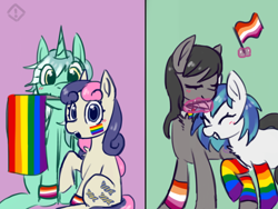 Size: 2048x1536 | Tagged: safe, artist:metaruscarlet, imported from derpibooru, bon bon, dj pon-3, lyra heartstrings, octavia melody, sweetie drops, vinyl scratch, earth pony, pony, unicorn, bowtie, clothes, eyes closed, face paint, female, gay pride flag, glowing, glowing horn, grin, horn, lesbian, lesbian pride flag, levitation, lyrabon, magic, mare, mouth hold, nuzzling, open mouth, pride, pride flag, pride month, rainbow socks, raised hoof, scratchtavia, shipping, smiling, socks, striped socks, telekinesis, wristband