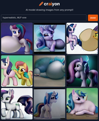 Size: 760x930 | Tagged: safe, imported from derpibooru, earth pony, pony, abdominal bulge, abomination, ai content, ai generated, butt touch, female, generator:craiyon, hoof on butt, machine learning abomination, mare, not salmon, vore, wat