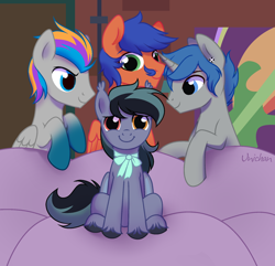 Size: 1964x1896 | Tagged: safe, artist:unichan, imported from derpibooru, oc, oc:griffin, oc:pixel codec, oc:scrimmy, bat pony, pegasus, pony, unicorn, chair, circle, commission, couch, looking at someone, meme, piper perri surrounded, ych result