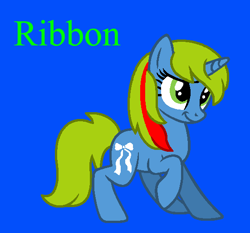 Size: 551x513 | Tagged: safe, artist:jigglewiggleinthepigglywiggle, imported from derpibooru, ribbon (g1), pony, unicorn, blue background, cute, female, full body, g1, g1 to g4, g4, generation leap, green tail, green text, hooves, multicolored hair, multicolored mane, raised hoof, raised leg, ribbon being stylish, ribbondorable, shy, simple background, smiling, solo, standing, tail