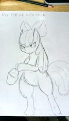 Size: 580x1024 | Tagged: safe, artist:sasamint, imported from derpibooru, apple bloom, earth pony, pony, bipedal, bucket, female, filly, foal, sketch, solo, traditional art