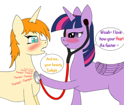 Size: 2000x1700 | Tagged: safe, artist:brightenight-heart, imported from derpibooru, twilight sparkle, oc, alicorn, pony, unicorn, cardiophilia, duo, engrish, fetish, heartbeat, simple background, stethoscope, transparent background, twilight sparkle (alicorn)