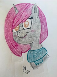 Size: 3024x4032 | Tagged: safe, artist:jesslmc16, imported from derpibooru, pony, unicorn, clothes, colored pencil drawing, female, g5, game, mare, my little pony game, my little pony: a maretime bay adventure, primrose (g5), scarf, solo, traditional art