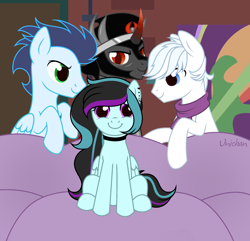 Size: 1964x1896 | Tagged: safe, artist:unichan, imported from derpibooru, double diamond, king sombra, soarin', oc, oc:rosalina skies, alicorn, earth pony, pegasus, pony, blue eyes, choker, clothes, commission, couch, crown, green eyes, jewelry, male, meme, pegasus oc, piper perri surrounded, purple eyes, red eyes, regalia, scarf, sombralina, stallion, ych result