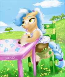 Size: 1600x1900 | Tagged: safe, artist:lasserland, imported from derpibooru, oc, oc only, oc:sdrow land, earth pony, pony, braided tail, chair, drinking, juice, ponysona, scenery, sitting, solo, table, tail, tree