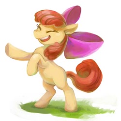 Size: 400x399 | Tagged: safe, artist:ritf1, imported from derpibooru, apple bloom, earth pony, pony, adorabloom, bipedal, cute, eyes closed, female, filly, foal, grin, happy, hoofy-kicks, simple background, smiling, solo, white background