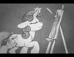 Size: 907x700 | Tagged: safe, artist:aisu-isme, imported from derpibooru, sweetie belle, pony, unicorn, fanfic:red eye, black and white, canvas, eyes closed, female, filly, foal, grayscale, horn, magic, monochrome, paint, paintbrush, painting, raised hoof, smiling, sparkles