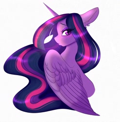 Size: 2012x2048 | Tagged: safe, artist:cherubisous, imported from derpibooru, twilight sparkle, alicorn, pony, bust, female, floppy ears, long mane, looking at you, mare, simple background, solo, twilight sparkle (alicorn), white background