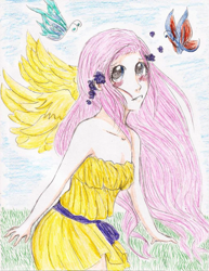 Size: 785x1018 | Tagged: safe, artist:randomninjakitty, imported from derpibooru, fluttershy, butterfly, human, 2012, bare shoulders, female, humanized, traditional art, wings