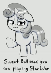 Size: 1114x1586 | Tagged: safe, artist:heretichesh, imported from derpibooru, sweetie belle, pony, unicorn, blank flank, female, filly, floppy ears, foal, frown, gray background, grayscale, looking at you, monochrome, simple background, solo