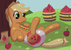 Size: 2800x1976 | Tagged: safe, artist:sweetielover, imported from derpibooru, applejack, earth pony, pony, apple, bag, barrel, countryside, diaper, diaper fetish, female, fetish, food, non-baby in diaper, sandwich, solo, sweet apple acres, tree